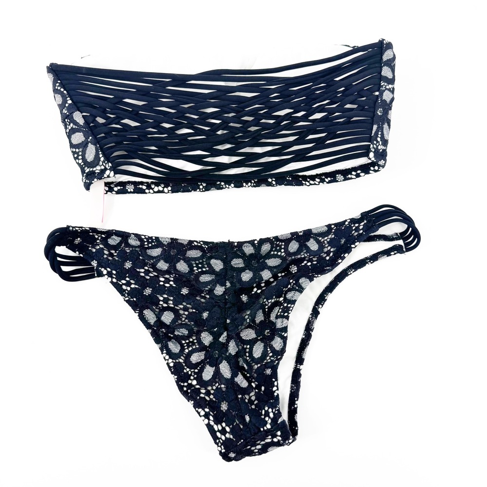 Victoria's Secret BLACK White Floral Lace Bandeau Bikini Set Strappy Midi L M - Picture 8 of 8